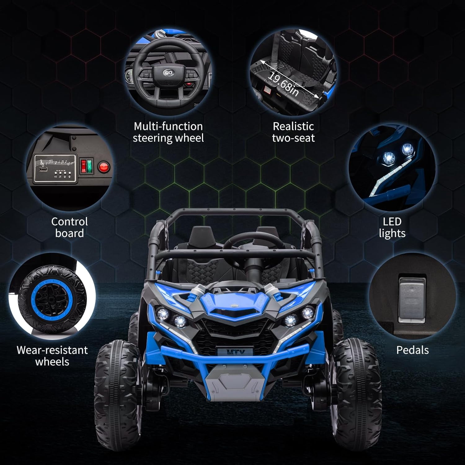24V Ride on ATV or Kids, 2 Seater 4WD Powered ATV Car with Remote Control, LED Lights, 4 Shock Absorber, 3 Speeds, Horn, Music(Blue)