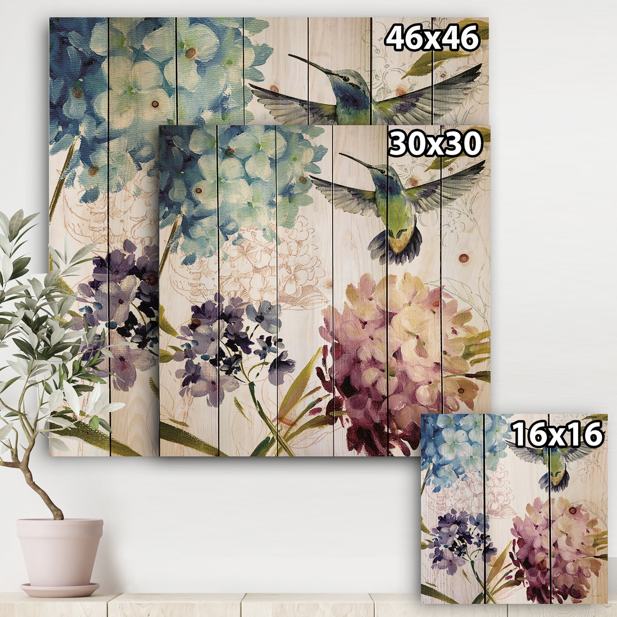 Designart Humming Bird Blue Cottage Flower Farmhouse Print on Natural Pine Wood Art Print, 30" x 30"
