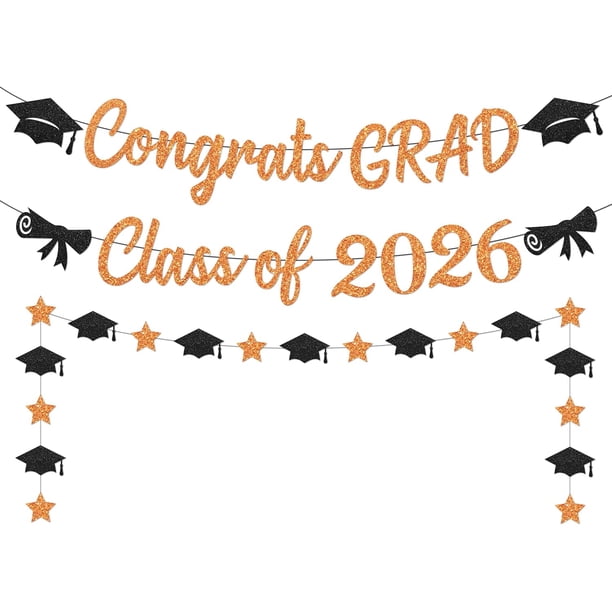 Yanonmyfd Black and Red Congrats Grad Banner,Class of 2026 Banner and Graduation Caps Garland,Glitter Red Graduation Decorations Banner,Pre-Strung Graduation Banner for Graduation Decorations 2026