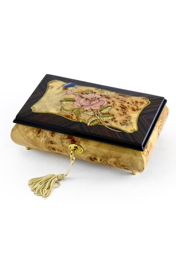 Harmonious 30 NoteSingle Pink Rose and Butterfly with Rosewood Frame Music Box - Scarsborough Fair