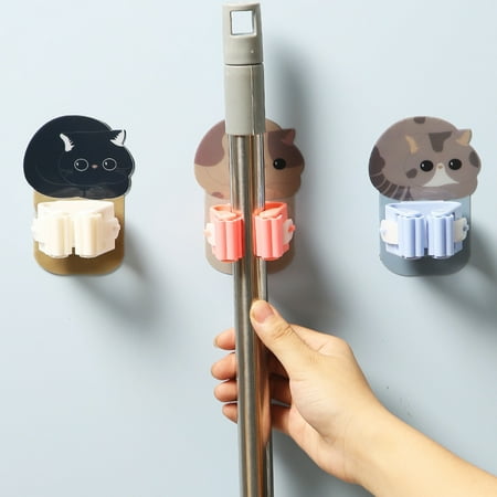 

Wanwan 4Pcs Self-adhesive Mop Hook No Punching Wall Mounted Cartoon Cats Broom Holder Bathroom Supplies