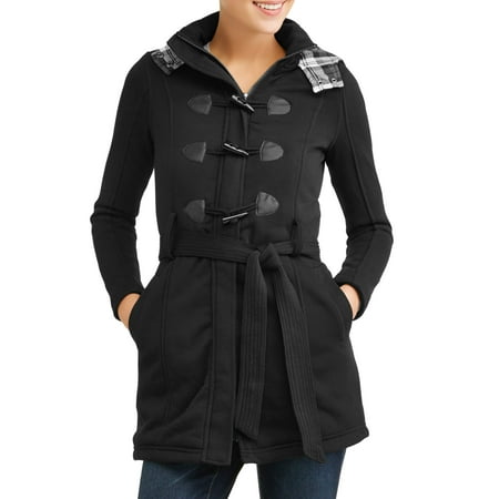 - women's sherpa lined toggle fleece jacket with removeable plaid lined hood