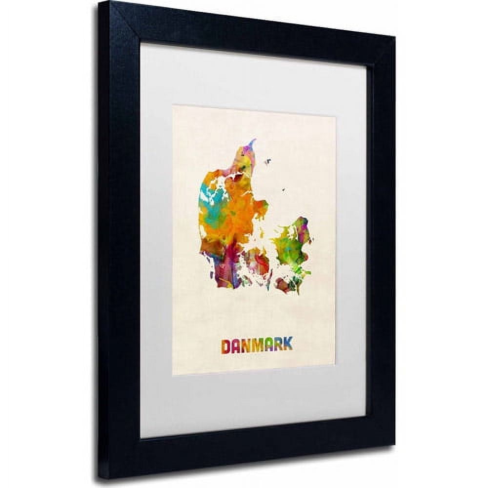 Trademark Fine Art "Denmark Watercolor Map" Canvas Art by Michael Tompsett, White Matte, Black Frame