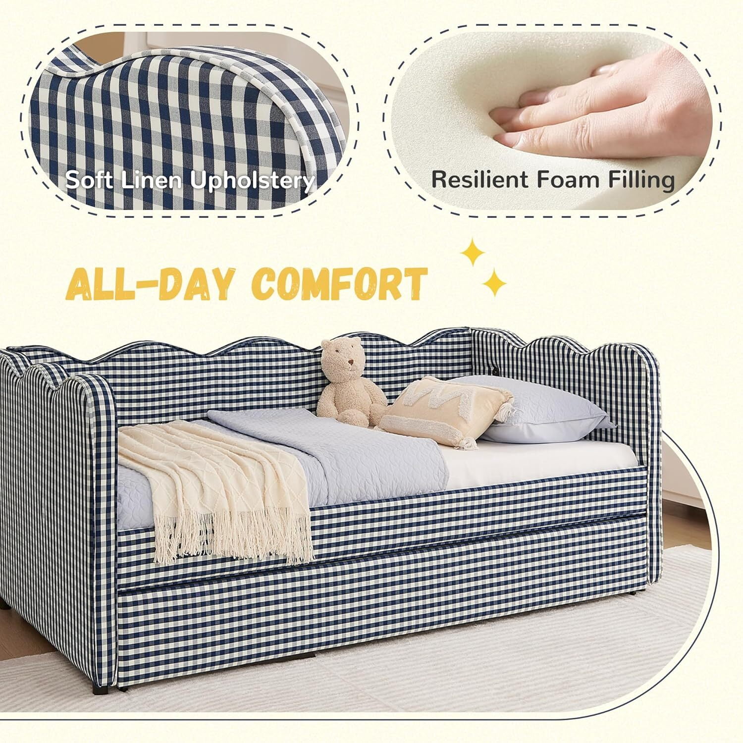 avobird Cozy Gingham Daybed with Trundle Twin Size Sofa Bed for Living Room, Sleeper Sofa with USB Port and Adorable Wave Shaped, Linen Fabric, Navy Blue