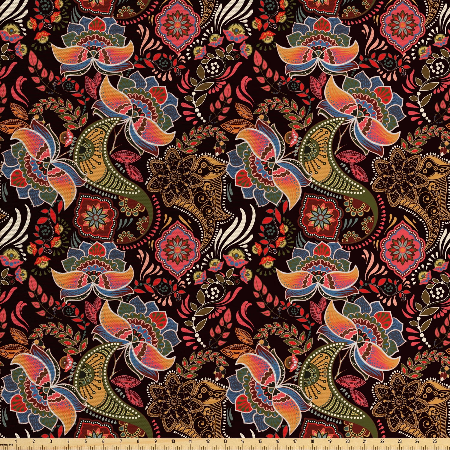 Jacobean Fabric by The Yard, Vintage Jumble in Warm Tones Floral Motifs Garden Art, Decorative