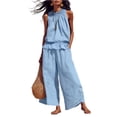 thumbnail image 2 of Linen Sets for Women 2 piece Sleeveless Ruffle Top Wide Leg Pants Matching Set Summer Beach Vacation Outfits,Sky Blue,XL, 2 of 7