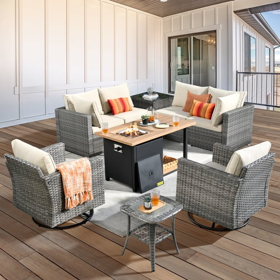 XIZZI Patio Conversation Set Wicker Rattan Patio Furniture Set with Swivel Rocking Chair and Firepit,Beige