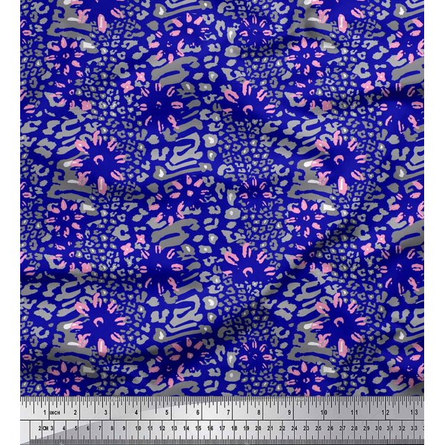 Soimoi Blue Poly Georgette Fabric Leopard Animal Skin Printed Fabric 1 Yard 52 Inch Wide