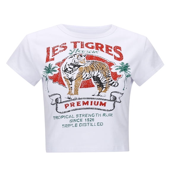 Womens Cropped Graphic Tees Trendy Short Sleeve Tiger Printed Tshirts Casual Slim Fit Going out Summer Tops White 0730*crop tops S