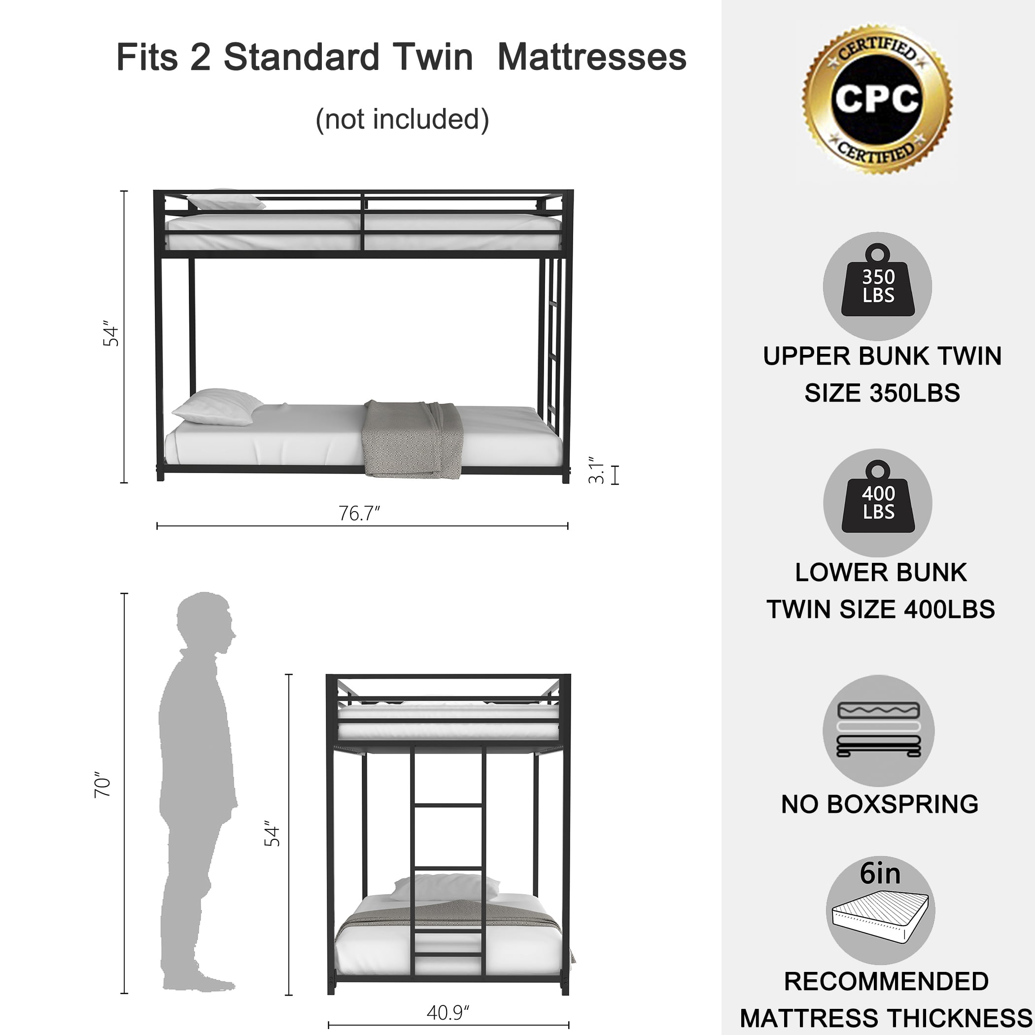 Miniyam Twin over Twin Metal Bunk Bed with Side Ladder for Kids and Teens, Black