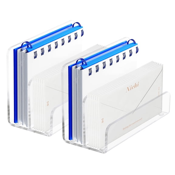 2 Pieces 2 Compartments Acrylic Mail Holder, Vertical Letter Holder for Desk, Office Home File Envelope Mail Organizer Sorter for Desktop Bill Document Notebook