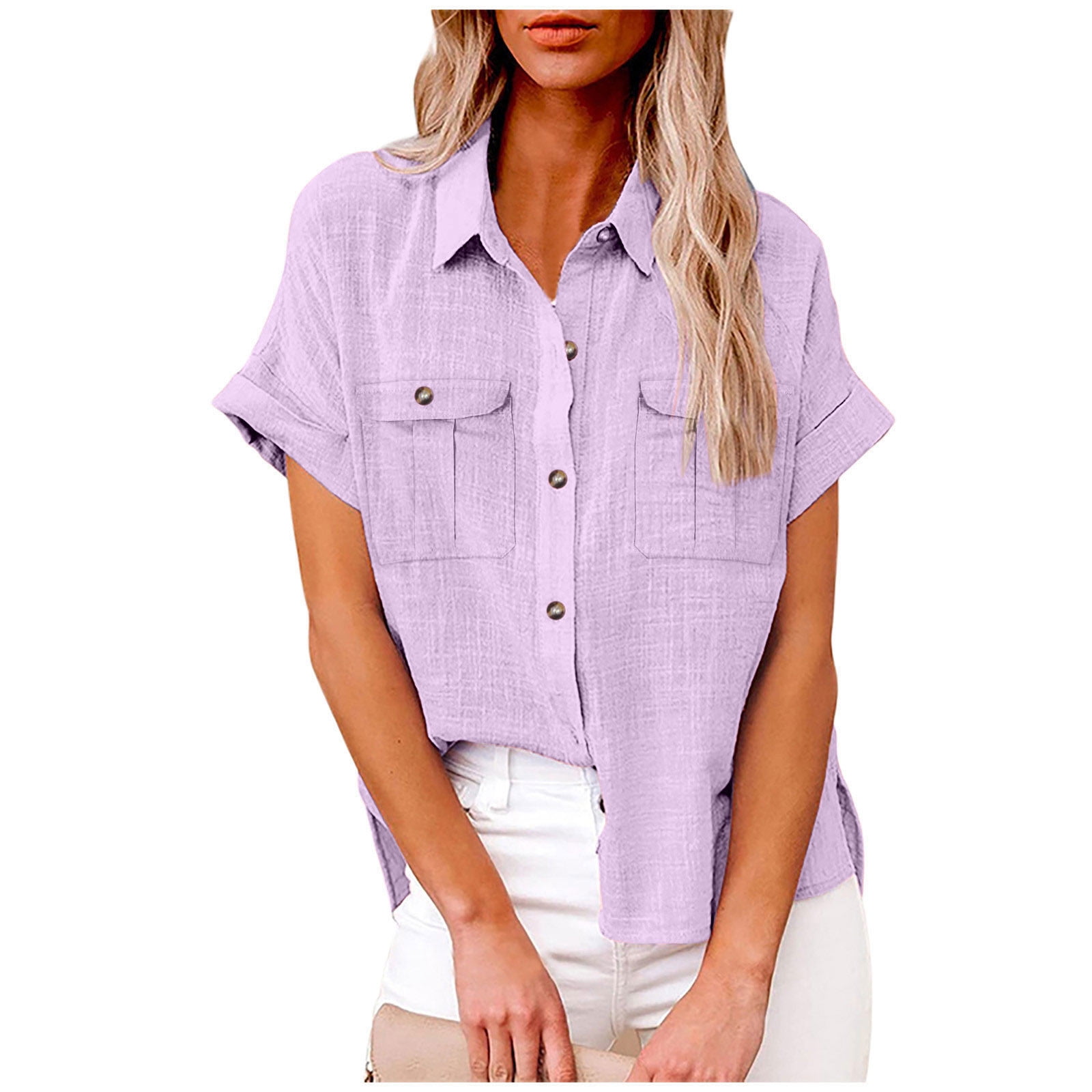 fheaev Button Up Shirts For Women Roll Up Short Sleeve Button Down ...