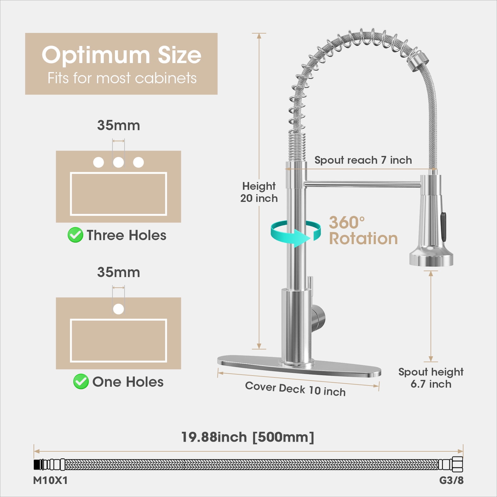 IUSU 20in Kitchen Faucet with Pull Down Sprayer, Brushed Nickel Commercial Spring Kitchen Sink Faucet Single Handle Pull Out Sink Faucets with Deck Plate Suit to 1 or 3 Holes Silver
