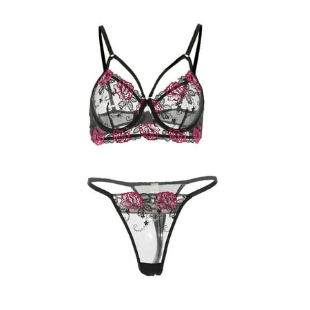 

solacol Two Piece Sets Two by Two Embroidered Mesh Sexy Underwear Two Piece Set Sexy Underwear