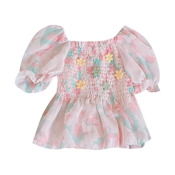 KVPLBQFD Little Girls Casual Tops Fashion Square Neck Smocked Peplum Tops for Kids Puff Short Sleeve Babydoll Shirred Top Toddler Colorful Clothes