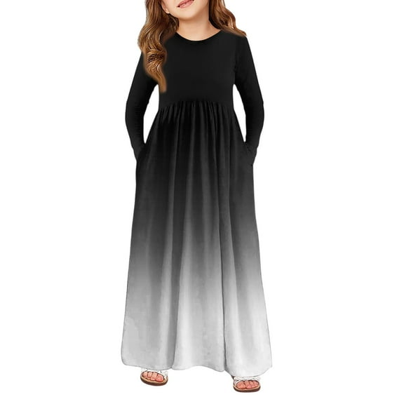 Abcomgle Girls Maxi Dresses 10-12 Casual A-Line Long Sleeve Maxi Dress Gradient Sundresses Crew Neck Swing Dresses with Pockets,Black