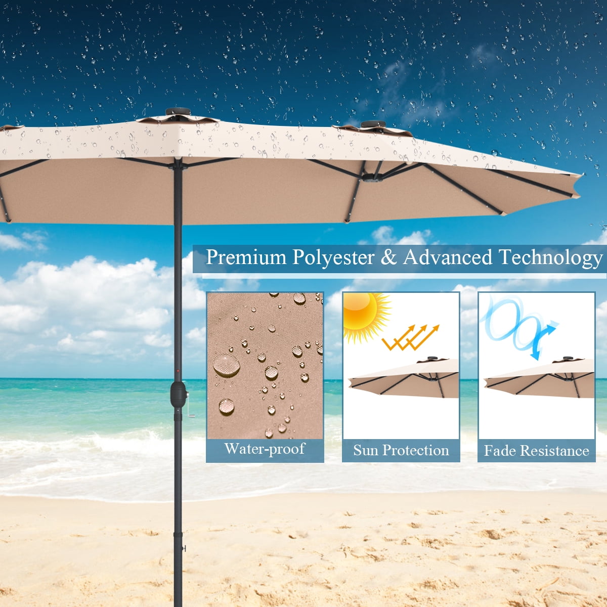 Topbuy 15' Outdoor Solar LED Patio Double-Sided Market Umbrella Beige