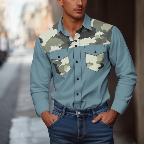 SYMOID Mens Sky Blue Long Sleeve Button Down Shirt - Stretchy 95% Polyester 5% Spandex, Camouflage Accent, Big & Tall S-XXXXXL, Casual/Outdoor Easy Care,Size L