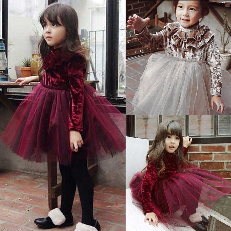 Eyiiye Princess Cute Warm Infant Baby Girl Velvet Dress Turtleneck Ruffle Solid Lace Tutu Dress Spring Other