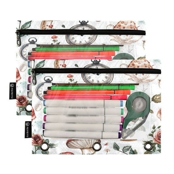 Ckdifva Clocks and Mushroom Pencil Pouch 3 Ring Zipper Pencil Case Binder Pockets Clear Top Cosmetic Bag 2 Pack