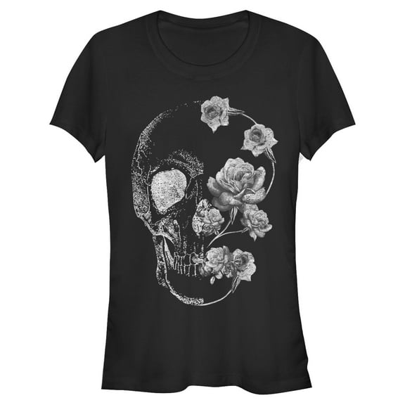 Junior's Lost Gods Distressed Skull Rose Graphic T-Shirt