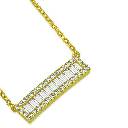 - 925 Sterling Silver White Clear Baguette-Shape CZ Sideways Bar Pendant Necklace, 18