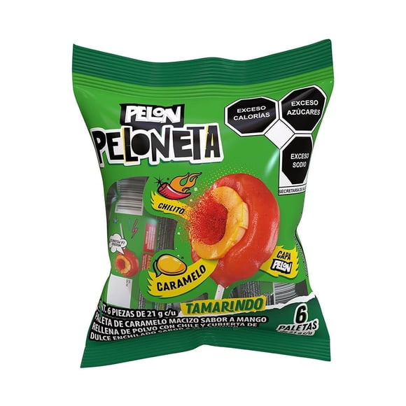 Dulce enchilado Pelón Pelo Rico Peloneta sabor mango cubierta sabor tamarindo 6 pzas de 21 g c/u