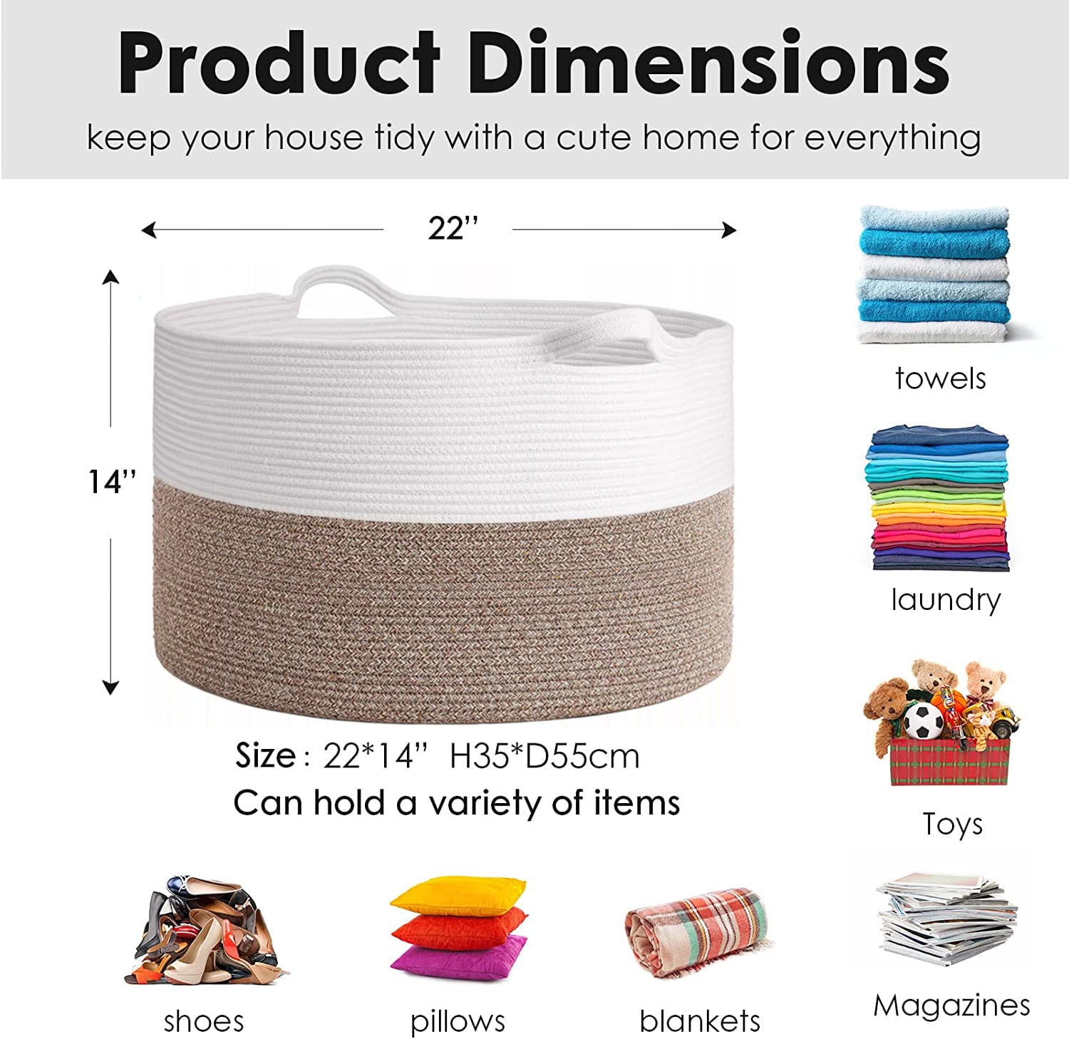 ZFITEI Woven Rope Cotton Storage Baskets, Handles