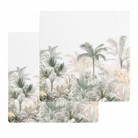 Green Yellow Palm Tree Kitchen Dish Towels for Drying Dishes Set of 2, Summer Botanical Tropical Waffle Weave Microfiber Hand Tea Bathroom Towels Quick Dry & Absorbent Towel 12x12