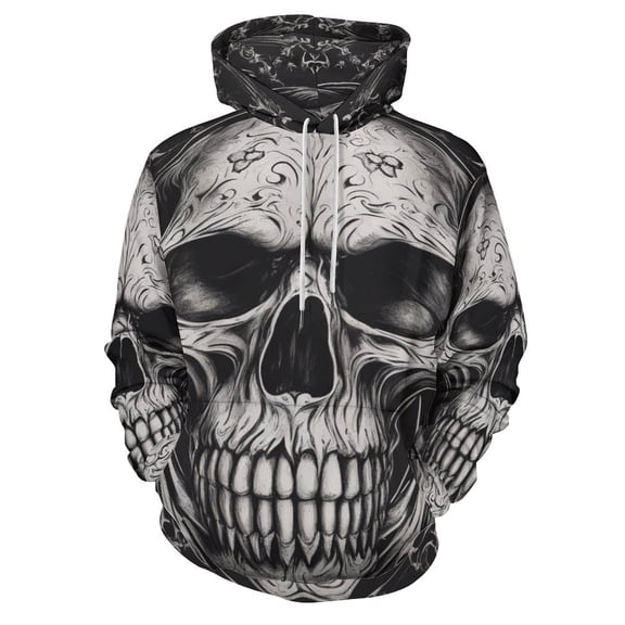 Black Skull Regular Fit Hoodie, Sporty Pullover Hooded Sweatshirt for Men Women S