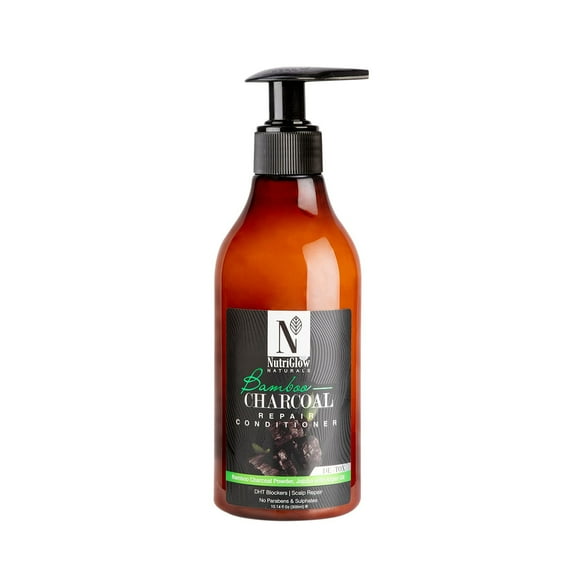 Nutriglow Natural's Bamboo Charcoal Conditioner for Shiny Voluminous Manageable Hair, Stimulates Growth, Nourishes Dry Frizzy Damaged Hair, Parabens & Sulphates Free, 300 Ml