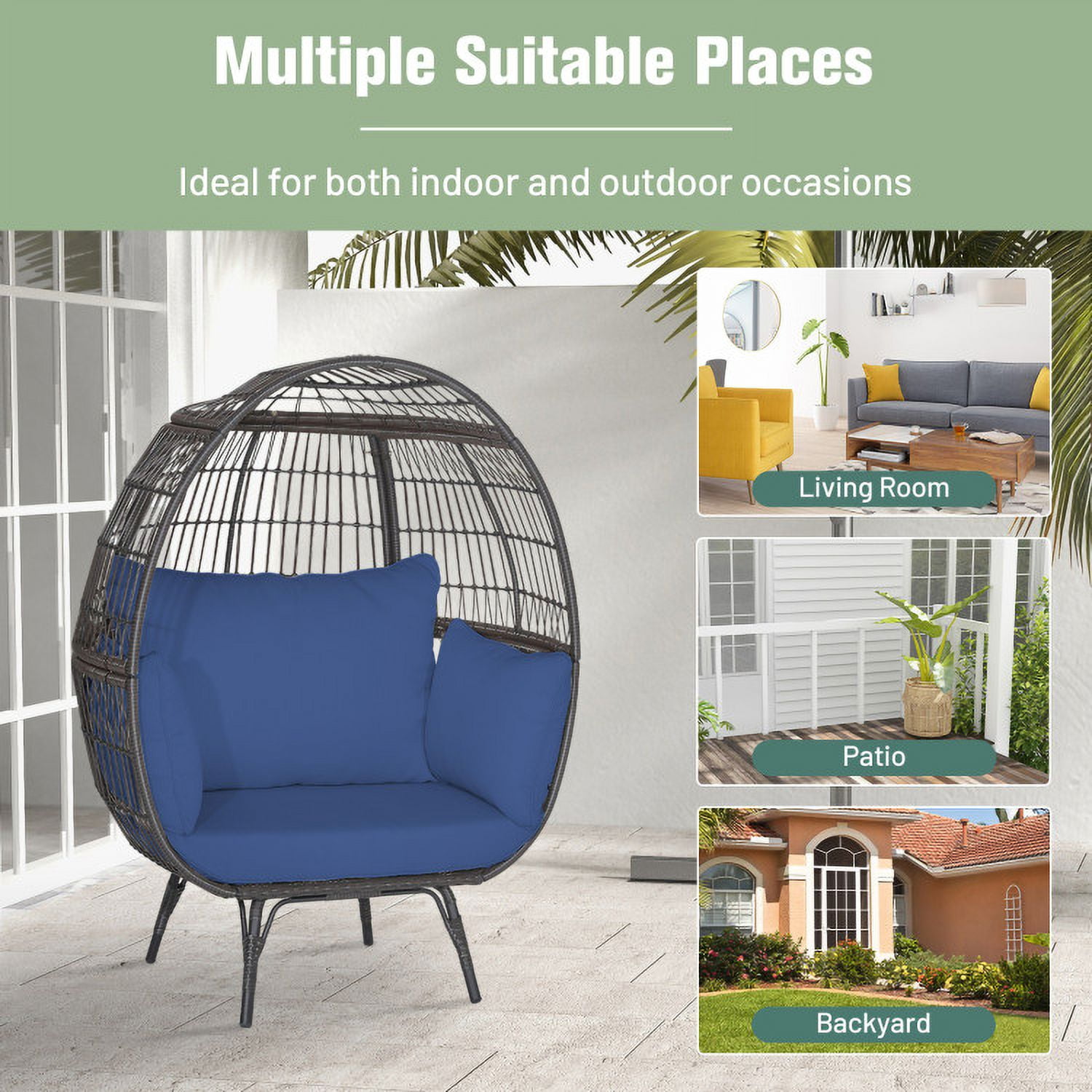 Aimee Lii Oversized Patio Rattan Egg Lounge Chair with 4 Cushions, Indoor Outdoor Patio Loungers, Navy