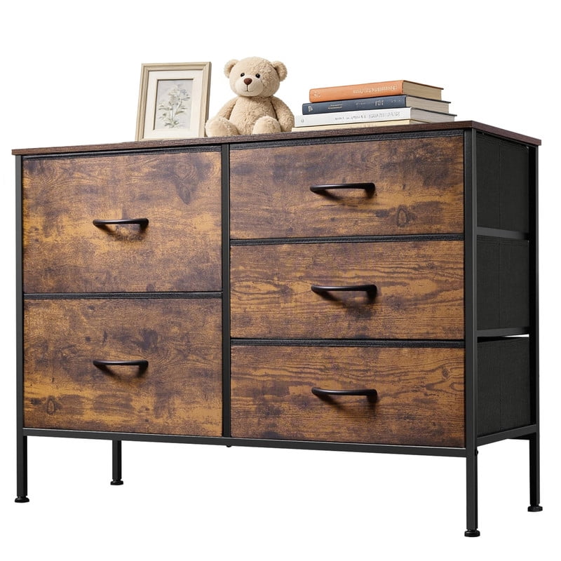 Simenmax 5-Drawer Fabric TV Stand, 39.4-Inch Entertainment Center with Wood Top & Sturdy Metal Frame, Storage Dresser for Bedroom, Living Room, Hallway, Brown