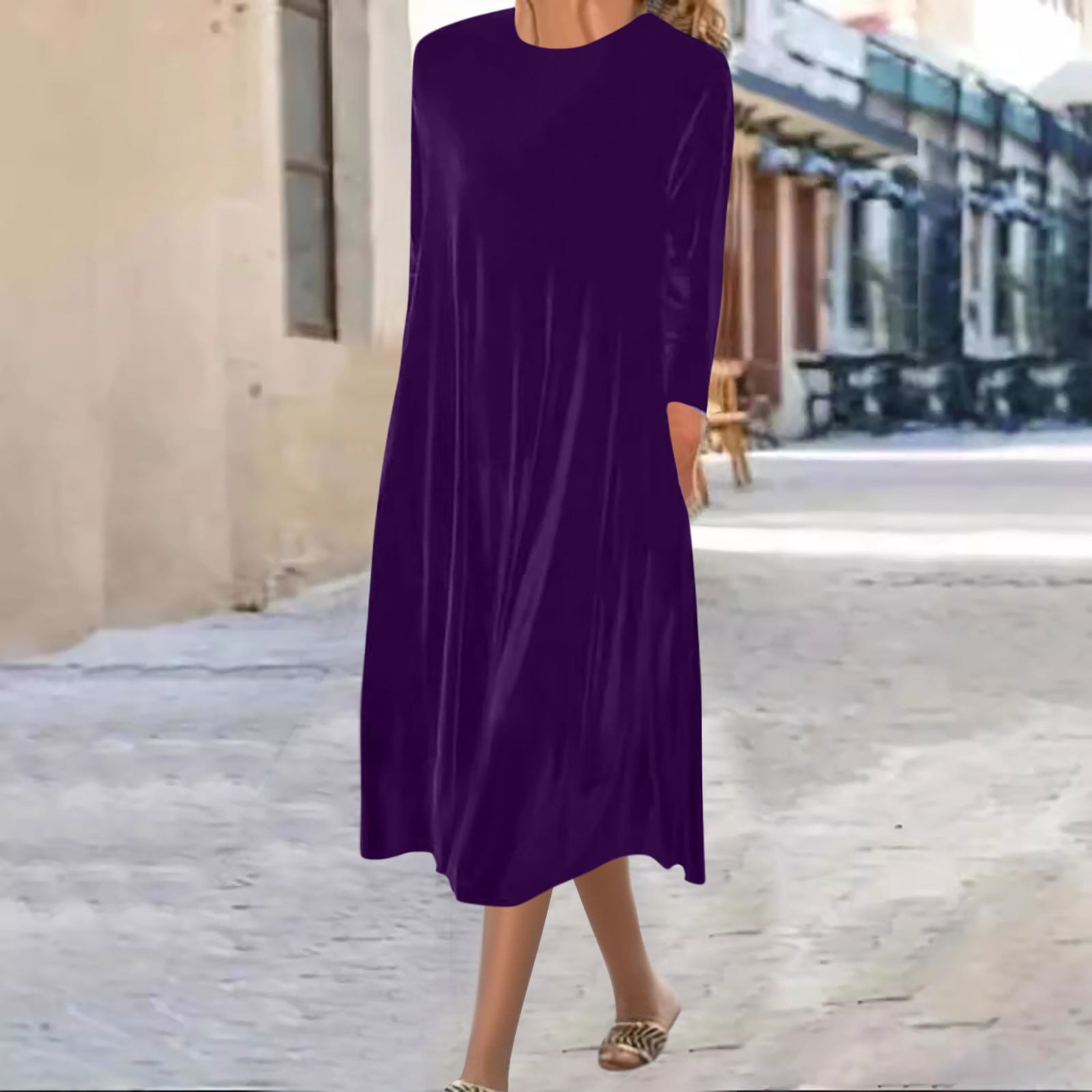 Arnsht Velvet Dress for Women Casual Crewneck Shirt Dresses Elegant Fall and Winter Solid Color Long Sleeve Maxi Dress Purple XXXL