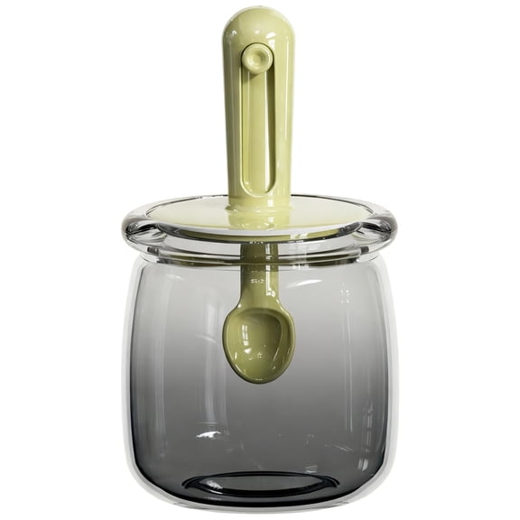 Green Gradient Glass Salt Sugar Spice Seasoning Container, Adjustable Retractable Spoon Attached Glass Jar, 10 oz Condiment Pot for Kitchen, BBQ, and More