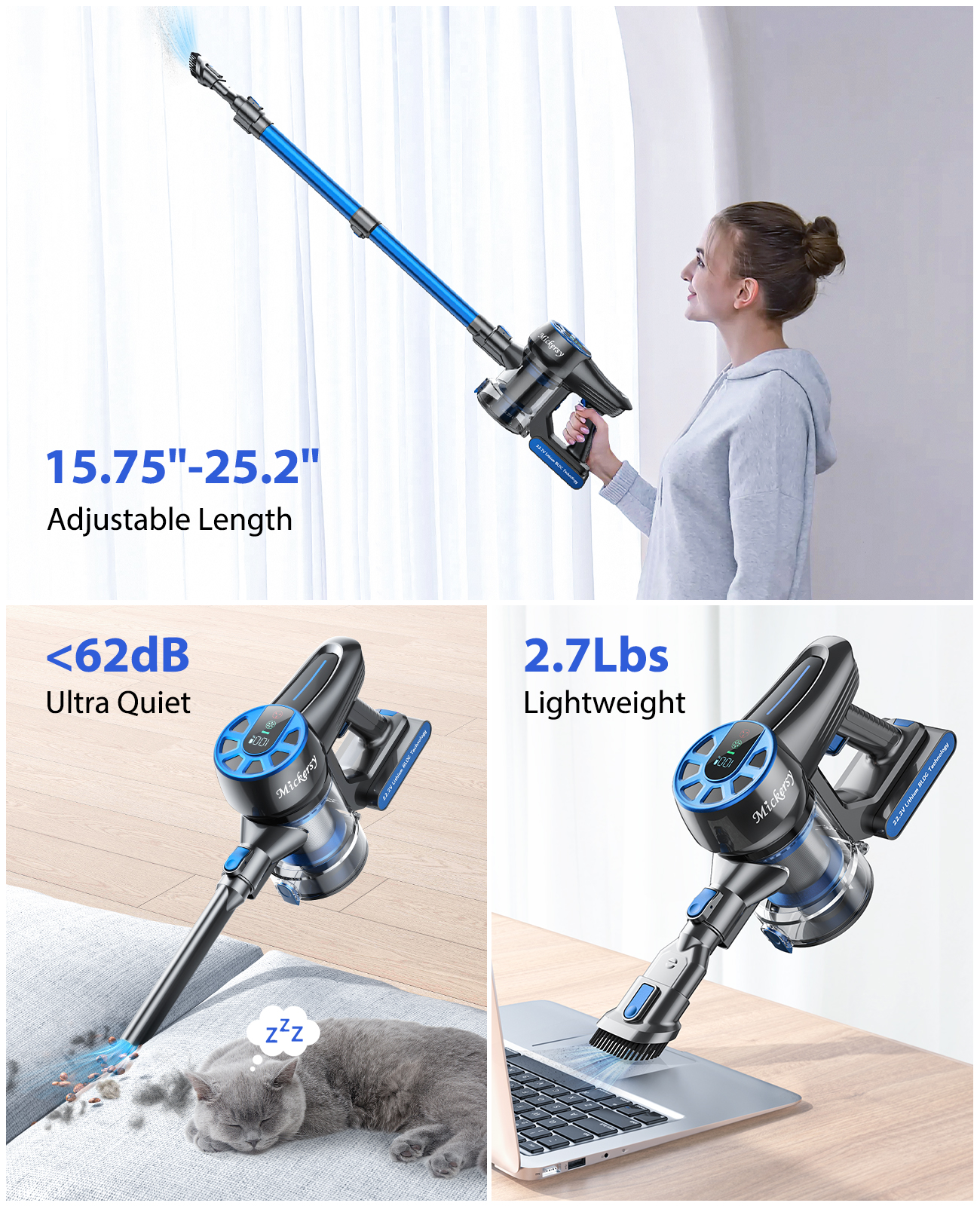 Cordless Stick Vacuum Cleaners 55mins 450W 40KPa with Touch Display Powerful Lightweight Vacuum Cleaner for Carpets Floors Pet Hair Home