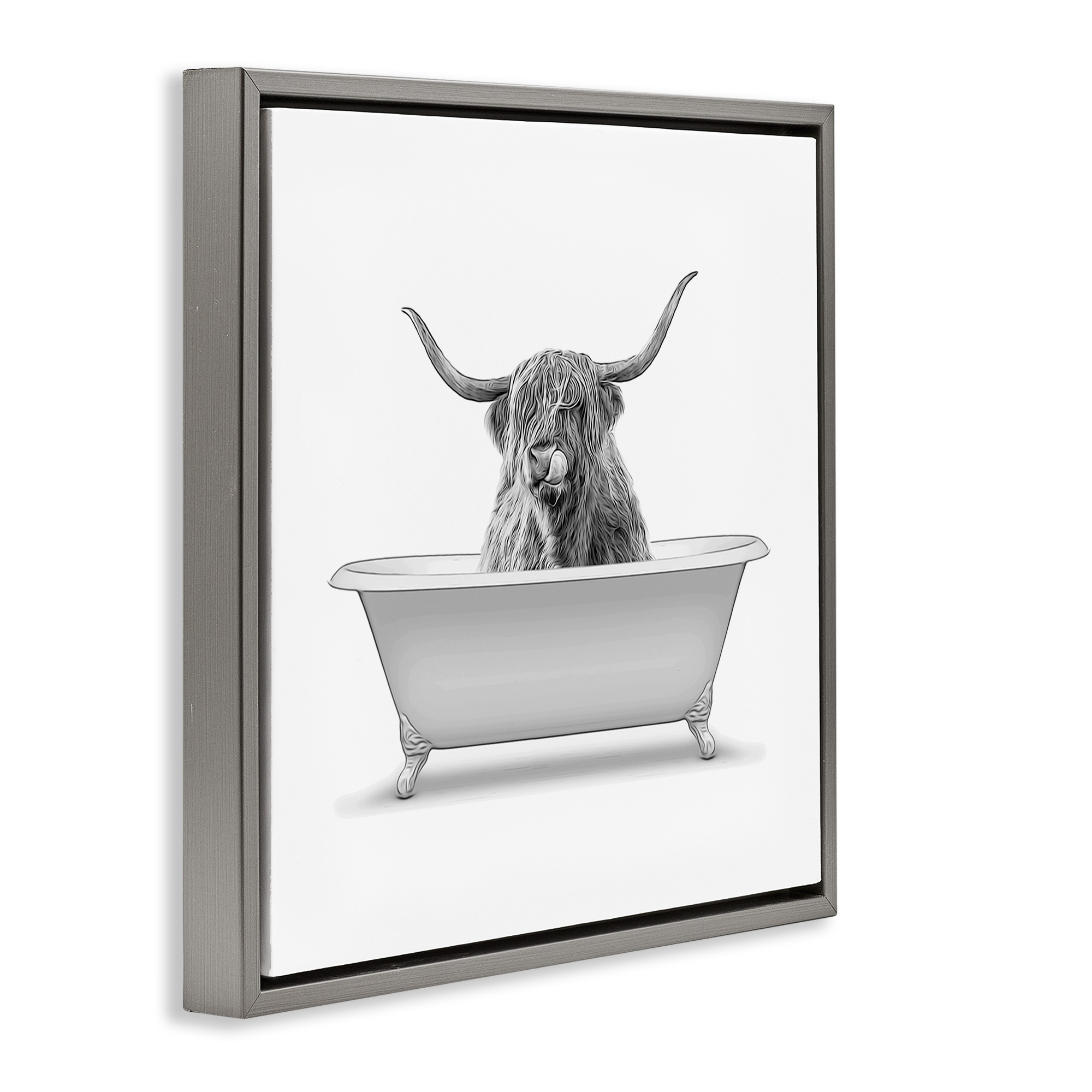 Stupell Industries Longhorn Highland Cow Bath Tub Animals & Insects Painting Gray Floater Framed Canvas Art Print Wall Art, 18 x 18