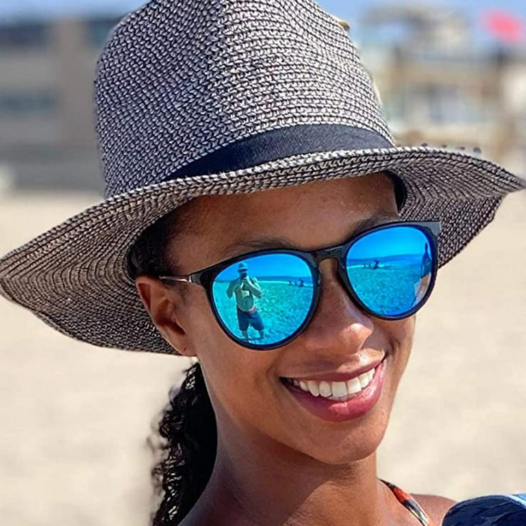 Gluaae Sunglasses for Women Men Polarized UV Protection Lens Round Fashion Mirrored Black Sunglasses-Blue, Adult Unisex, Size: Black Frame/ Blue Lens