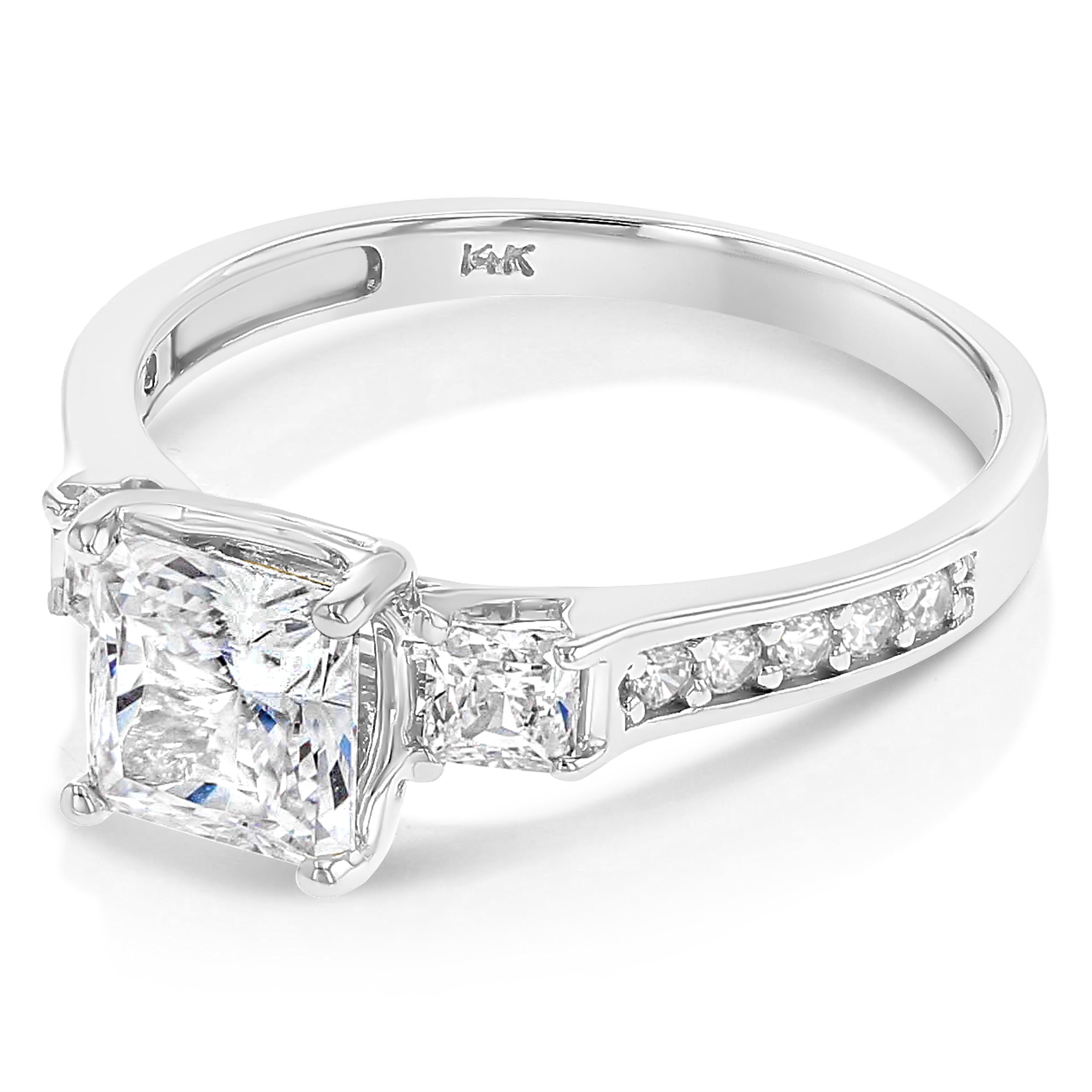 Ioka - 14K Solid White Gold 1.5 Ct. Princess Cut 3 Stone CZ Engagement Ring With Stones in Band - Size 7