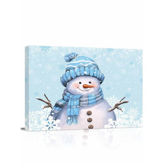 Light Blue Christmas Canvas Print Wall Art Framed Canvas Art Wall Decor Snowman with Cap Xmas Snowflake Pictures Painting Morden Artwork for Living Room Bedroom, Ready to Hang - 12"x16"