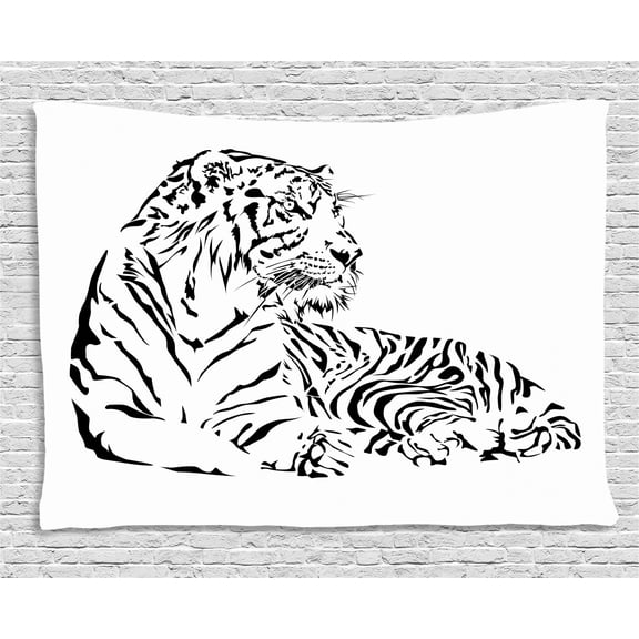 White Tiger Tapestry, African Wilderness Theme with Safari Animal Sitting Nobility Tattoo Art, Wall Hanging for Bedroom Living Room Dorm Decor, 80W X 60L Inches, Black and White, by Ambesonne