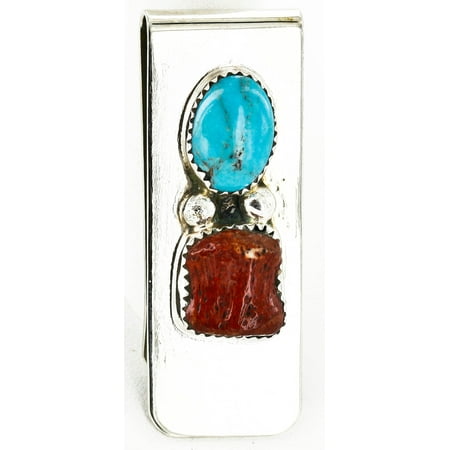 - Handmade Certified Authentic Navajo Nickel and .925 Sterling Silver Natural Turquoise Coral Native American Money Clip