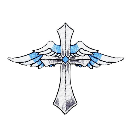 Cross - Blue Angel Wings - Iron on Embroidered Applique Patch