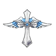 Cross - Blue Angel Wings - Iron on Embroidered Applique Patch