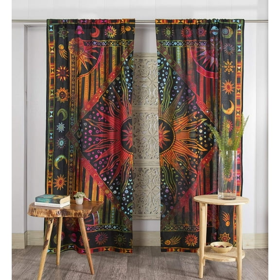Indian Burning Sun Hippie Mandala Window Curtains - Gypsy Tye Dye Bohemian Sun Moon Beautiful Drapery Bedroom Living Room Balcony Valance Panels Golden
