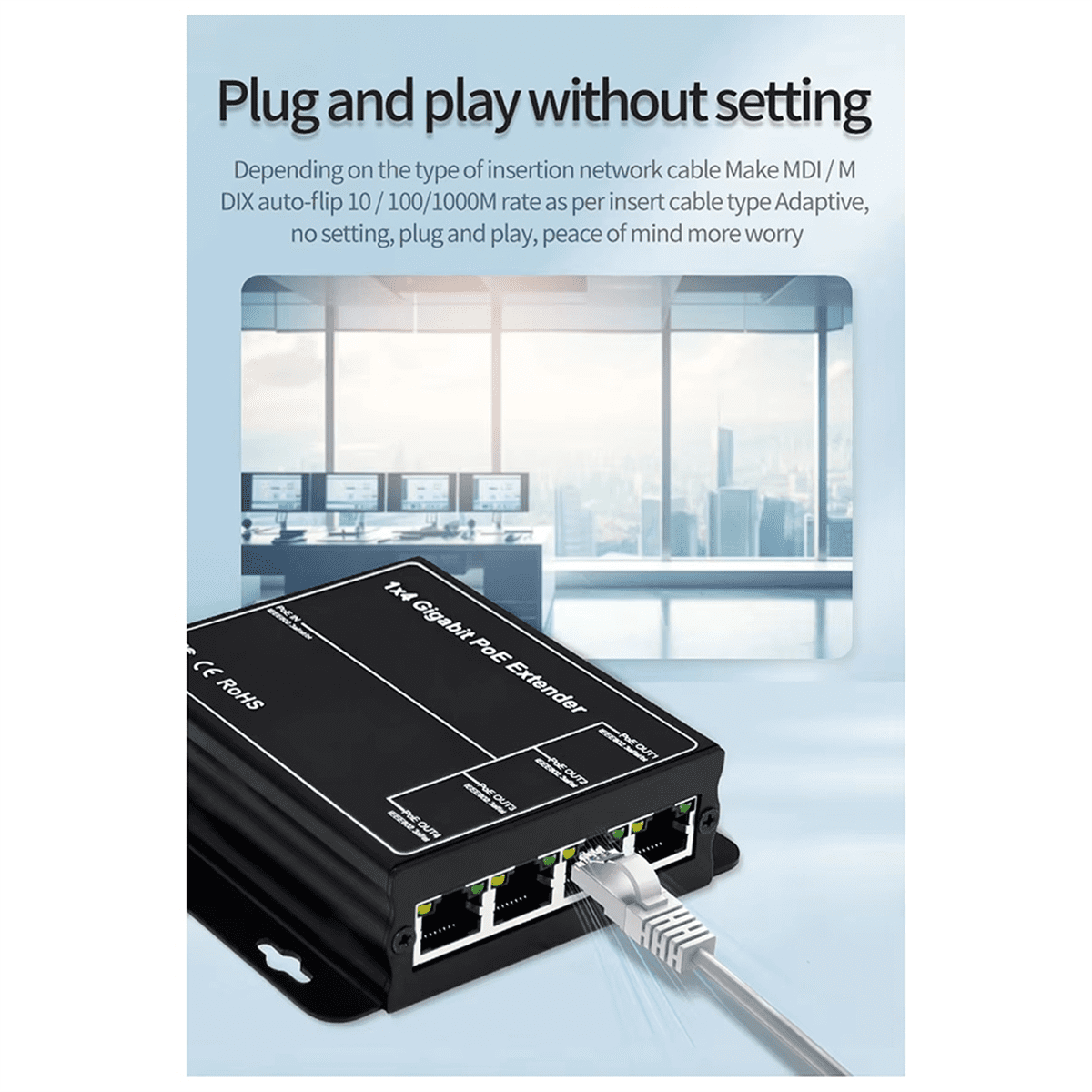 4 Port Gigabit POE Extender 100/1000Mbps 90W 1in 4 Out PoE Repeater DIN Rail Network VLAN for 48V POE Camera Wierless AP