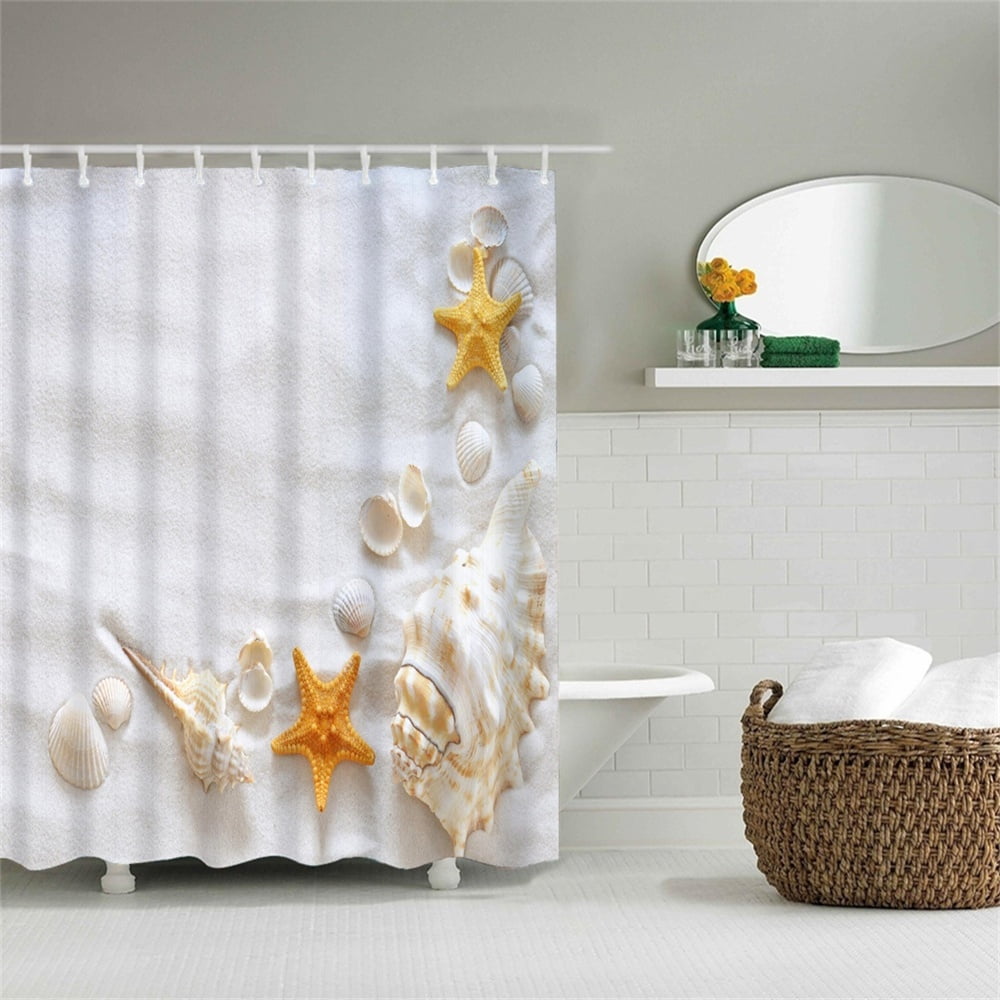 White Sea Theme Shower Curtain With Hook Pearl Colored Shell Conch Star