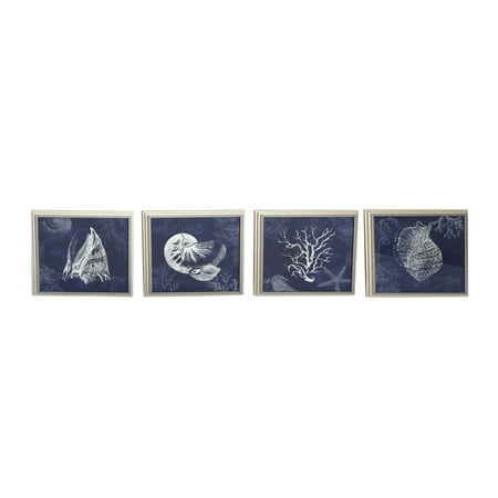 Wall Decor Set Of 4 Decmode Coastal Polystone And Wood Square Framed Seashells And Coral Wall Decors, Blue - Set Of 4 ()