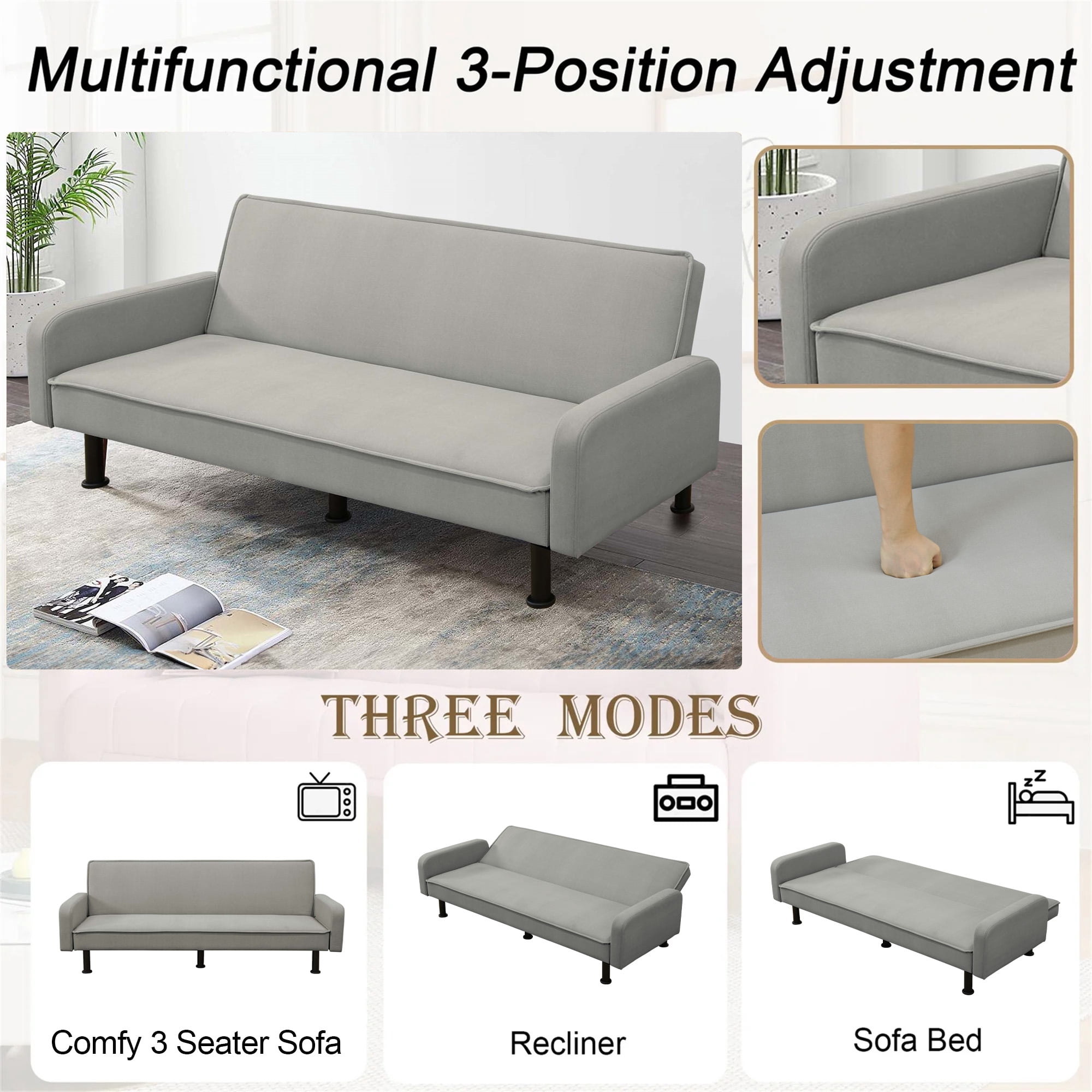 Aukfa 78" Futon Sofa Bed Upholstered 3 Seat Couch for Home Office, Flannel, Gray