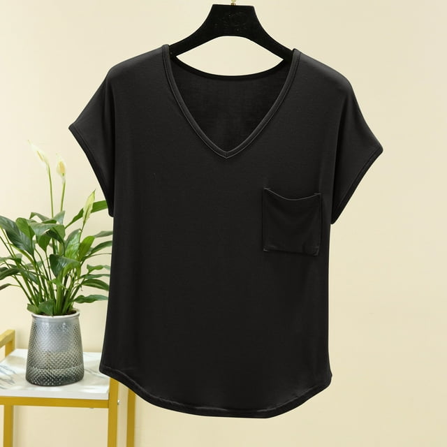 Liquidation d'Économies! BEFOKA T-Shirt Grande Taille pour Femmes, Blouse Décontractée d'Été pour Femmes, T-Shirt à Manches Courtes avec Poche Poitrine et Col Uni pour Femmes